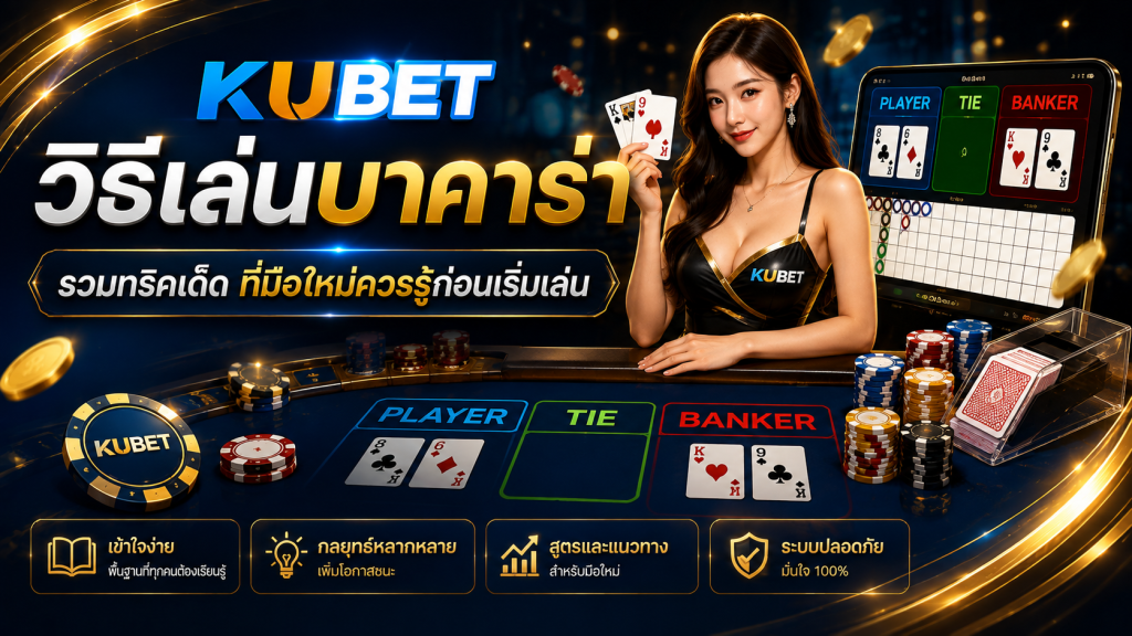 แบนเนอร์ KUBET วิธีเล่นบาคาร่า พร้อมผู้หญิงถือไพ่ โต๊ะบาคาร่า และหน้าจอเกมคาสิโนออนไลน์