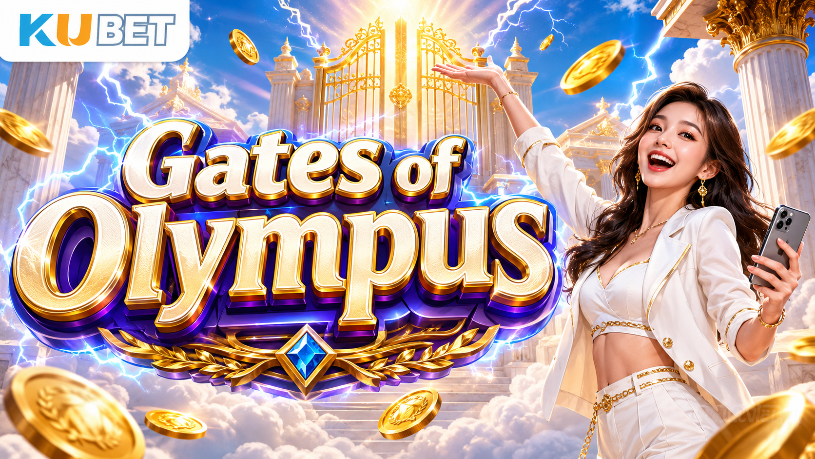 Gates of Olympus KUBET พร้อมภาพผู้หญิงถือสมาร์ตโฟนในบรรยากาศสวรรค์โอลิมปัสและเหรียญทอง