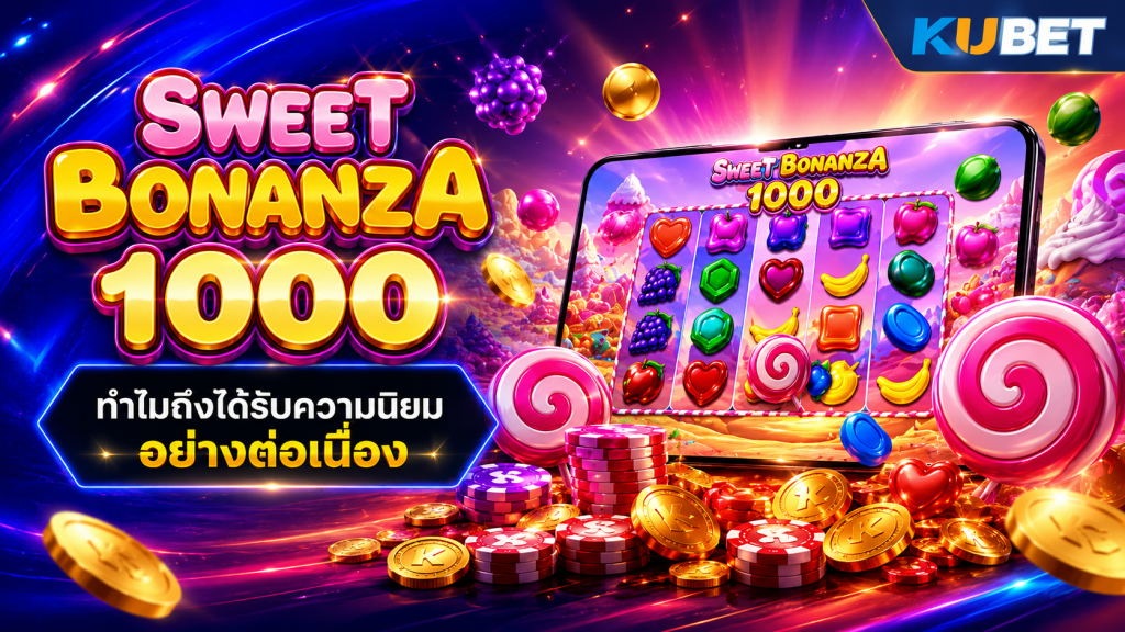 แบนเนอร์ KUBET เกม Sweet Bonanza 1000 พร้อมภาพเกมสล็อตธีมลูกกวาดและผลไม้สีสันสดใส